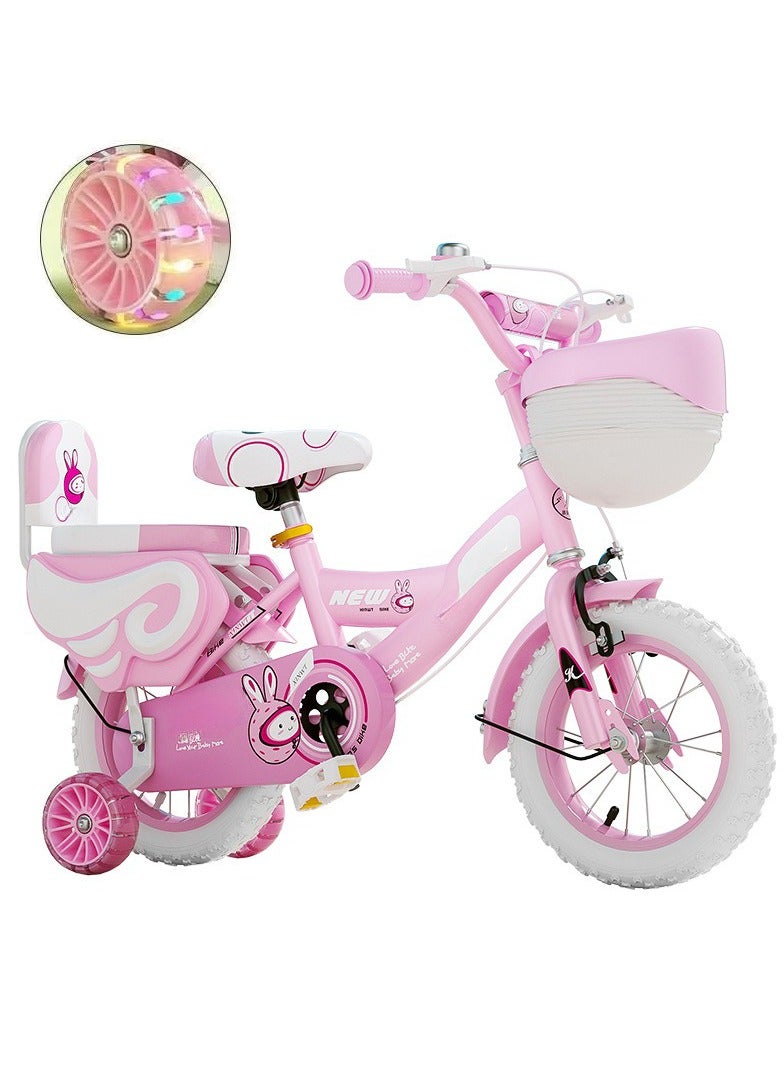 XiuWoo 12 Inch Kids Bike with Magnetic Flash Training Wheels and Basket, Girl Bicycle with Guardrails Responsive brakes and Kickstand, Girls Bike for Toddlers and Kids,White Wheels,Pink - Image 1